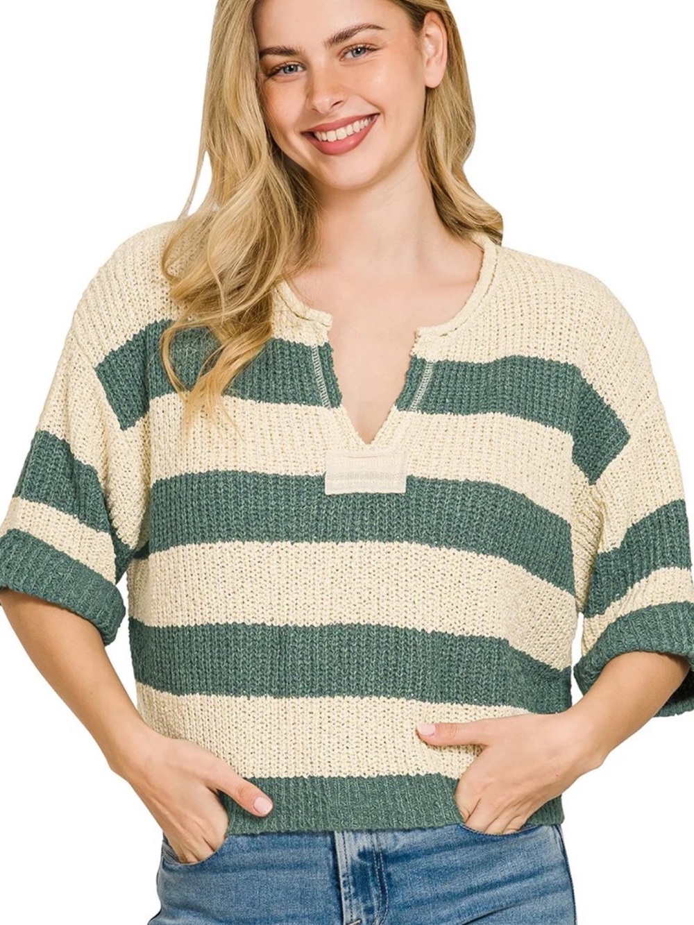 Zenana Outfitters Striped V-Neck Sweater in Cream and Green